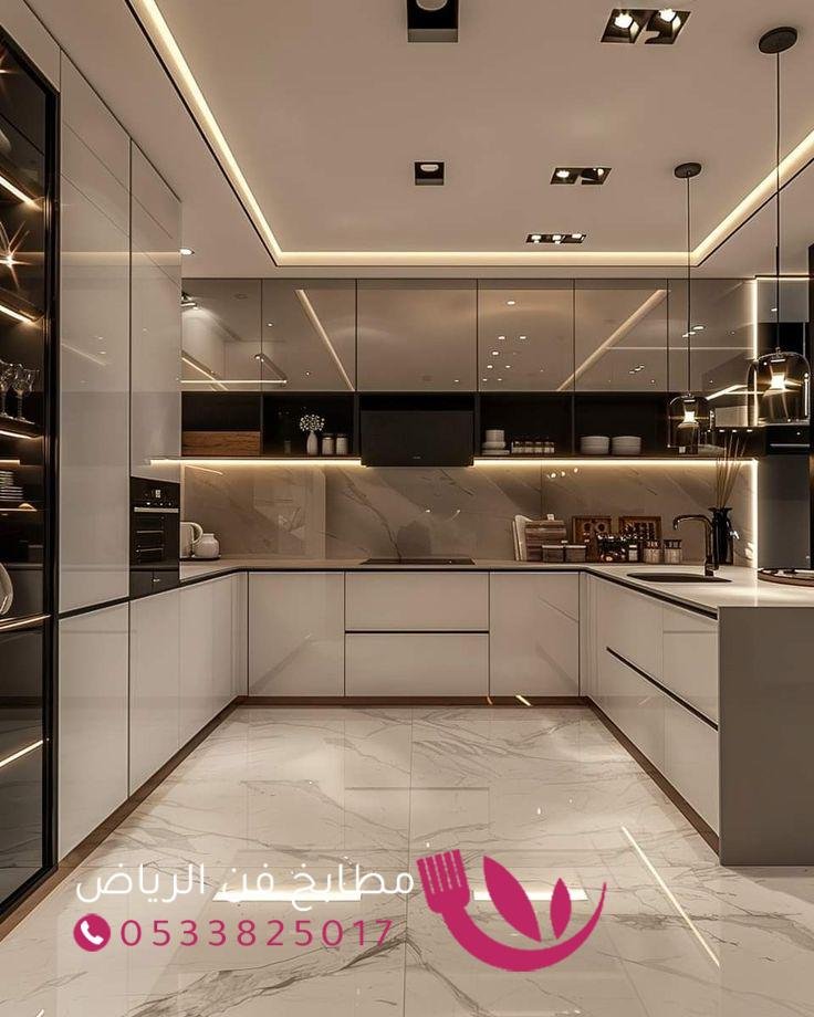 تفاصيل خزائن مطابخ ألمنيوم مخصصة مع إضاءة مدمجة